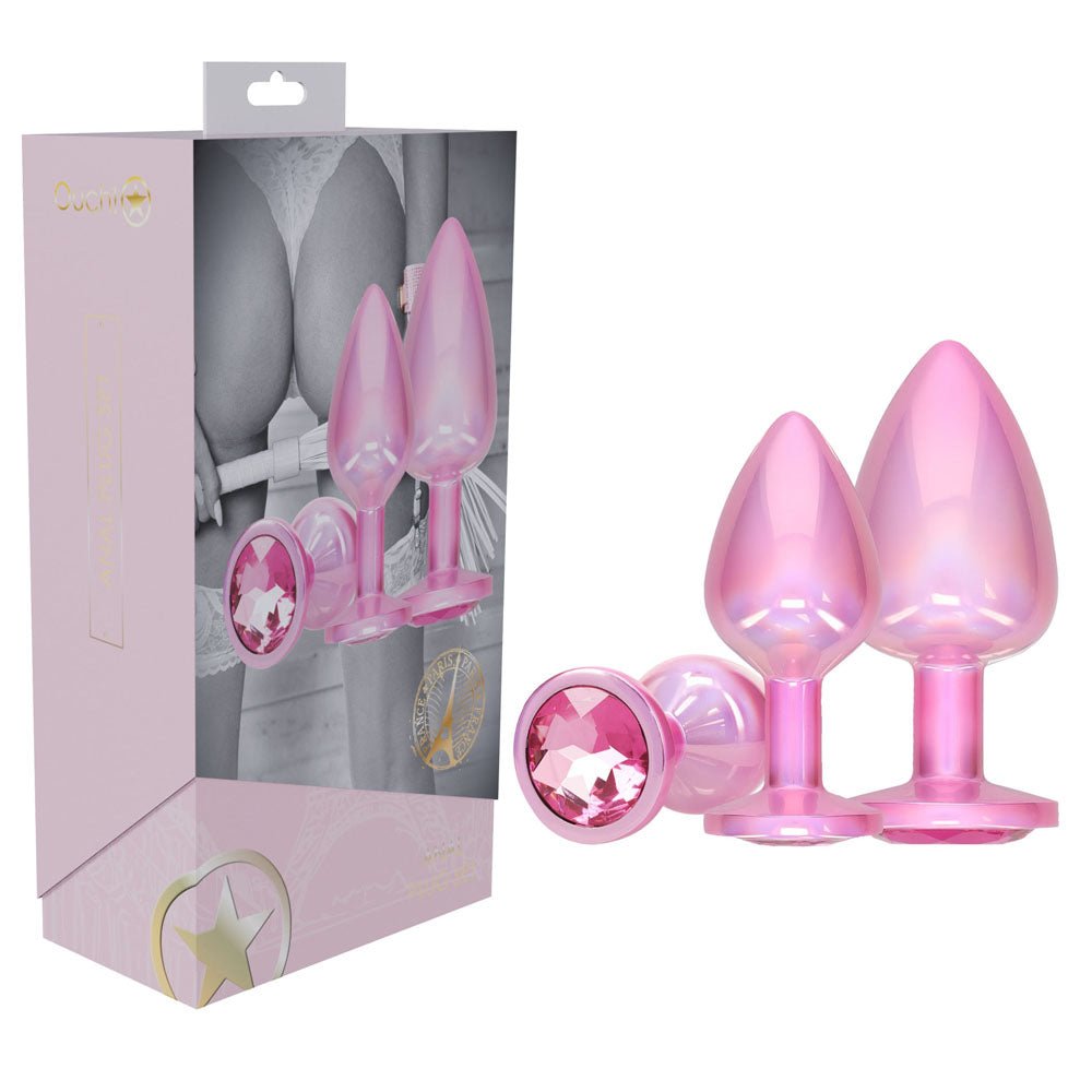 OUCH! Paris Collection - Metal Anal Plug Set - Pink - Metallic Pink Butt Plugs with Gem Bases - Set of 3 Sizes – Sex toys NZ by Naughtyhut. Discreet delivery nationwide.