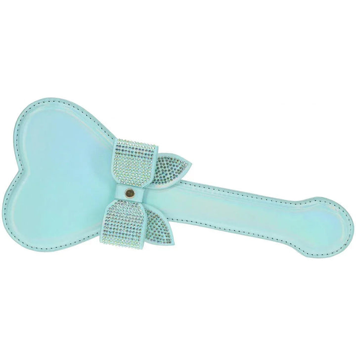 OUCH! Paris Heart Spanking Paddle in Baby Blue, heart-shaped paddle with a rhinestone bow on white