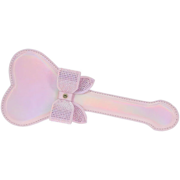 OUCH! Paris Heart Spanking Paddle in Pink, heart-shaped paddle with a rhinestone bow on white