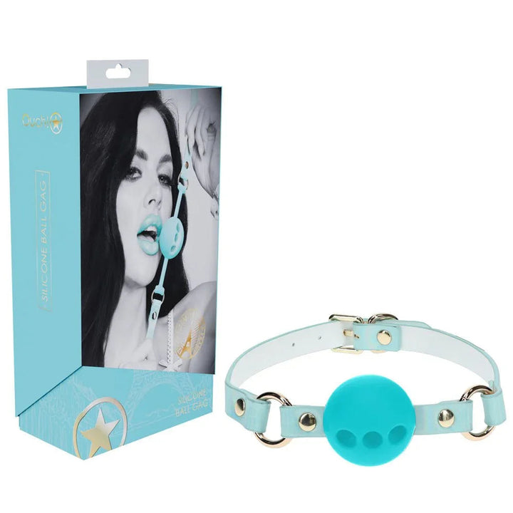 OUCH! Paris Breathable Ball Gag in Baby Blue, retail box beside the blue strap and vented teal ball