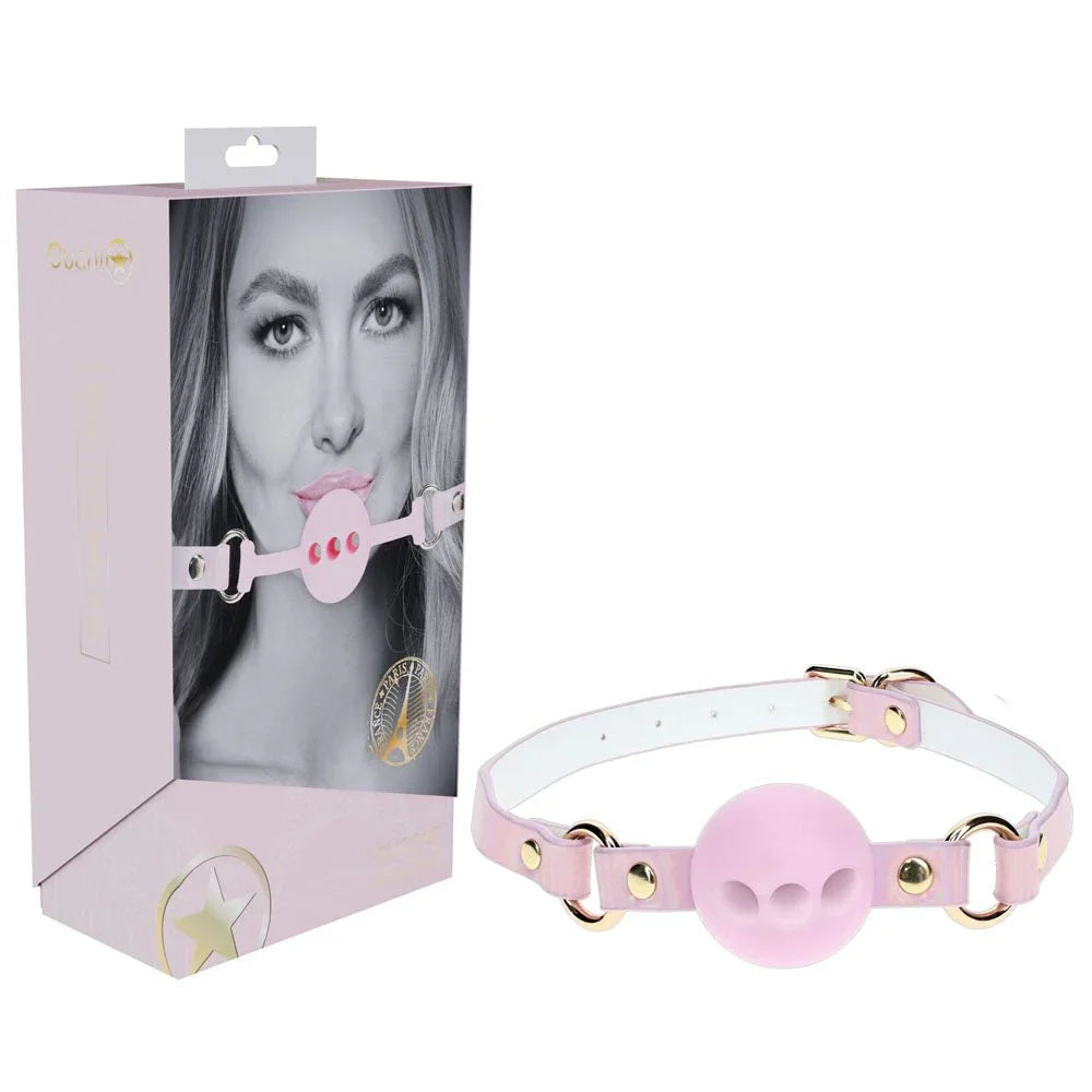 OUCH! Paris Breathable Ball Gag in Pink, retail box beside the pink strap and vented pink ball