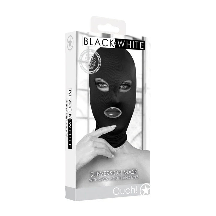 OUCH! Subversion Mask With Open Mouth - Black Hood – Sex toys NZ by Naughtyhut. Discreet delivery nationwide.