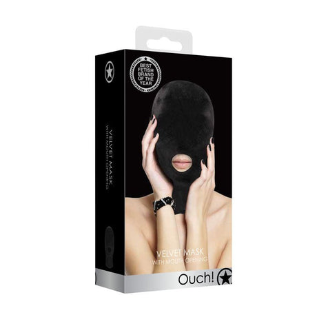 Buy Ouch! Velvet & Velcro Mask with Mouth Opening - Black Hood – Naughtyhut NZ sex toys online. Discreet delivery & top brands.