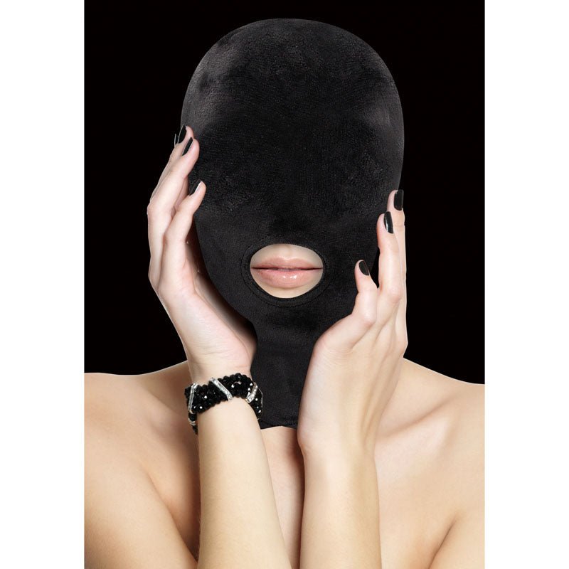 Buy Ouch! Velvet & Velcro Mask with Mouth Opening - Black Hood – Naughtyhut NZ sex toys online. Discreet delivery & top brands.