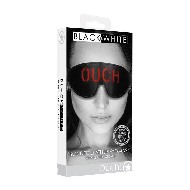 OUCH! Black & White Bonded Leather Eye Mask in Black, retail box showing the mask worn by a model