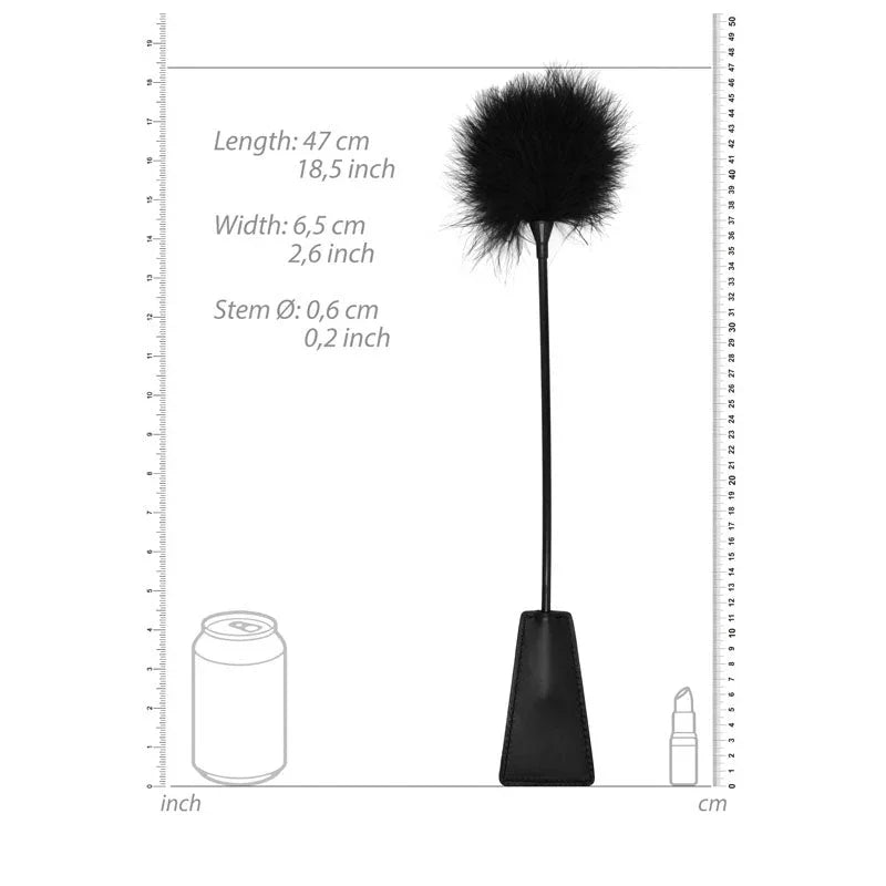 OUCH! Black & White Crop with Feather Tickler in Black, scale diagram giving 47 cm length, 6.5 cm width