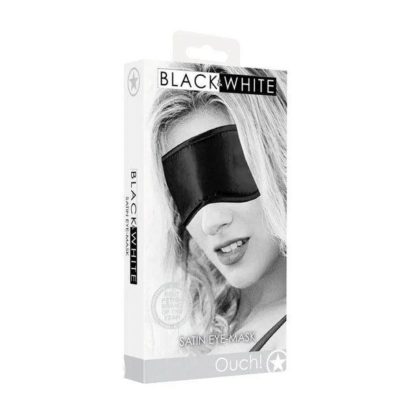 OUCH! Black & White Satin Blindfold Eye Mask in Black, retail box showing the satin mask worn by a model