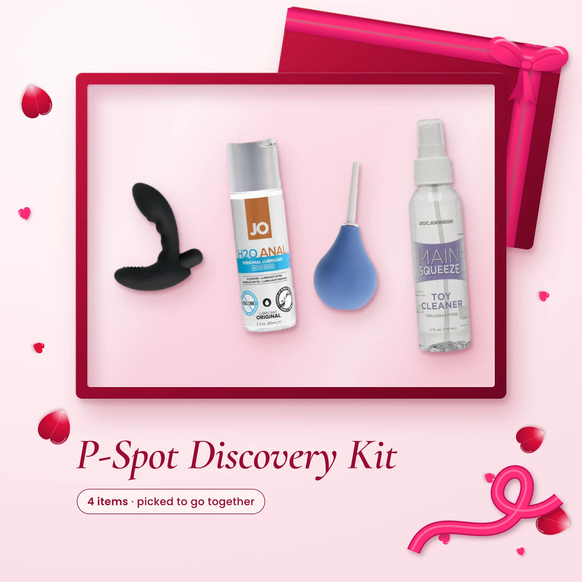 P-Spot Discovery Kit: a black prostate massager, JO H2O Anal lube, a blue bulb douche and toy cleaner on pink