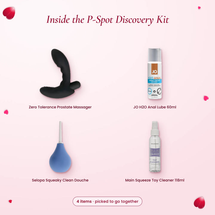 Inside the P-Spot Discovery Kit: Zero Tolerance prostate massager, JO H2O Anal lube, Selopa douche and toy cleaner