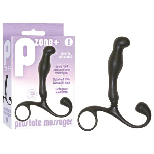 P-Zone+ prostate massager in Black with its looped handle, beside the retail box