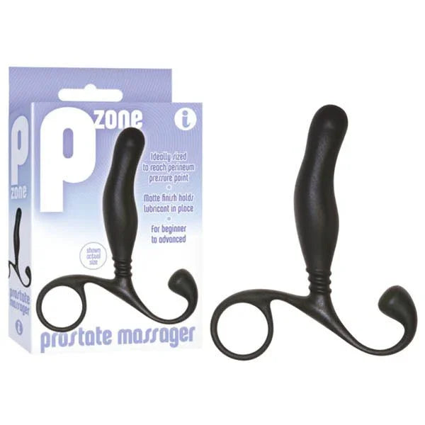 P-Zone prostate massager in Black with a looped handle, beside its retail box