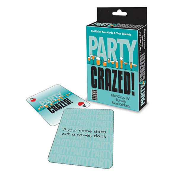 Party Crazed drinking card game, teal box with two cards laid in front