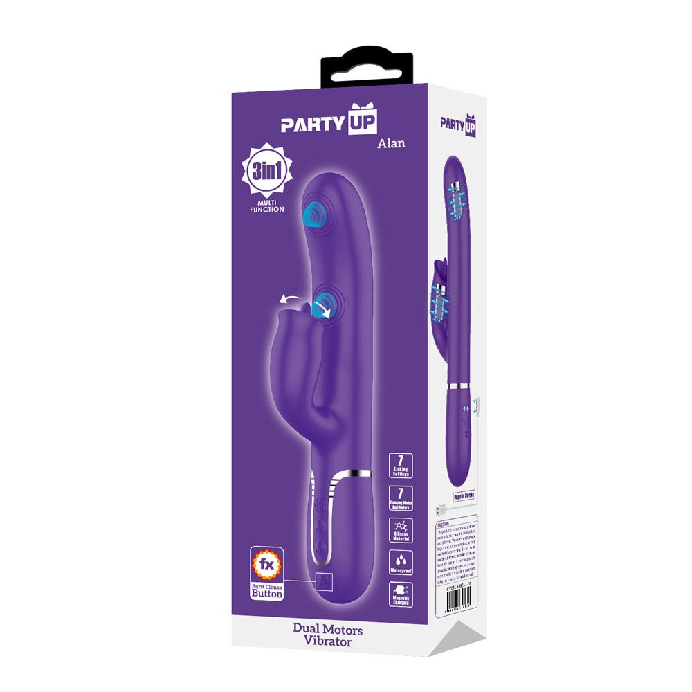 Party Up ALAN Dual Motor Vibrator - Purple - Purple 22.8 cm USB Rechargeable Vibrator with Licking Clit Stimulator and Thumping Shaft – Sex toys NZ by Naughtyhut. Discreet delivery nationwide.