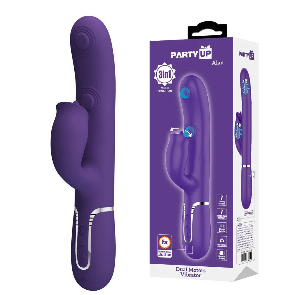Party Up Alan Dual Motor Vibrator in Purple standing beside its purple retail box