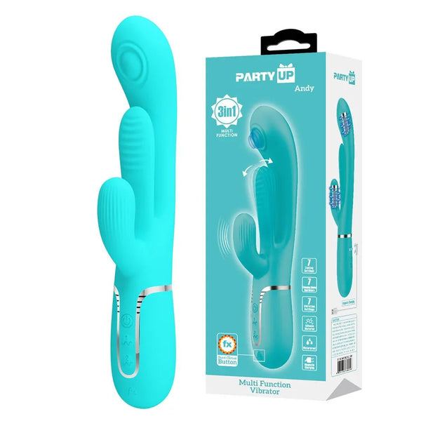 Party Up Andy Flicking & Thumping Rabbit Vibrator in Teal beside its teal retail box