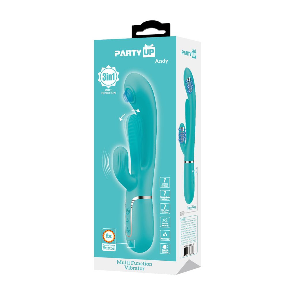 Party Up ANDY Multi Function Vibrator - Teal - Teal 22.2 cm USB Rechargeable Rabbit Vibrator with Flicking and Thumping Tip – Sex toys NZ by Naughtyhut. Discreet delivery nationwide.