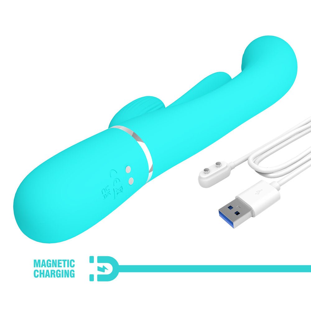 Party Up ANDY Multi Function Vibrator - Teal - Teal 22.2 cm USB Rechargeable Rabbit Vibrator with Flicking and Thumping Tip – Sex toys NZ by Naughtyhut. Discreet delivery nationwide.