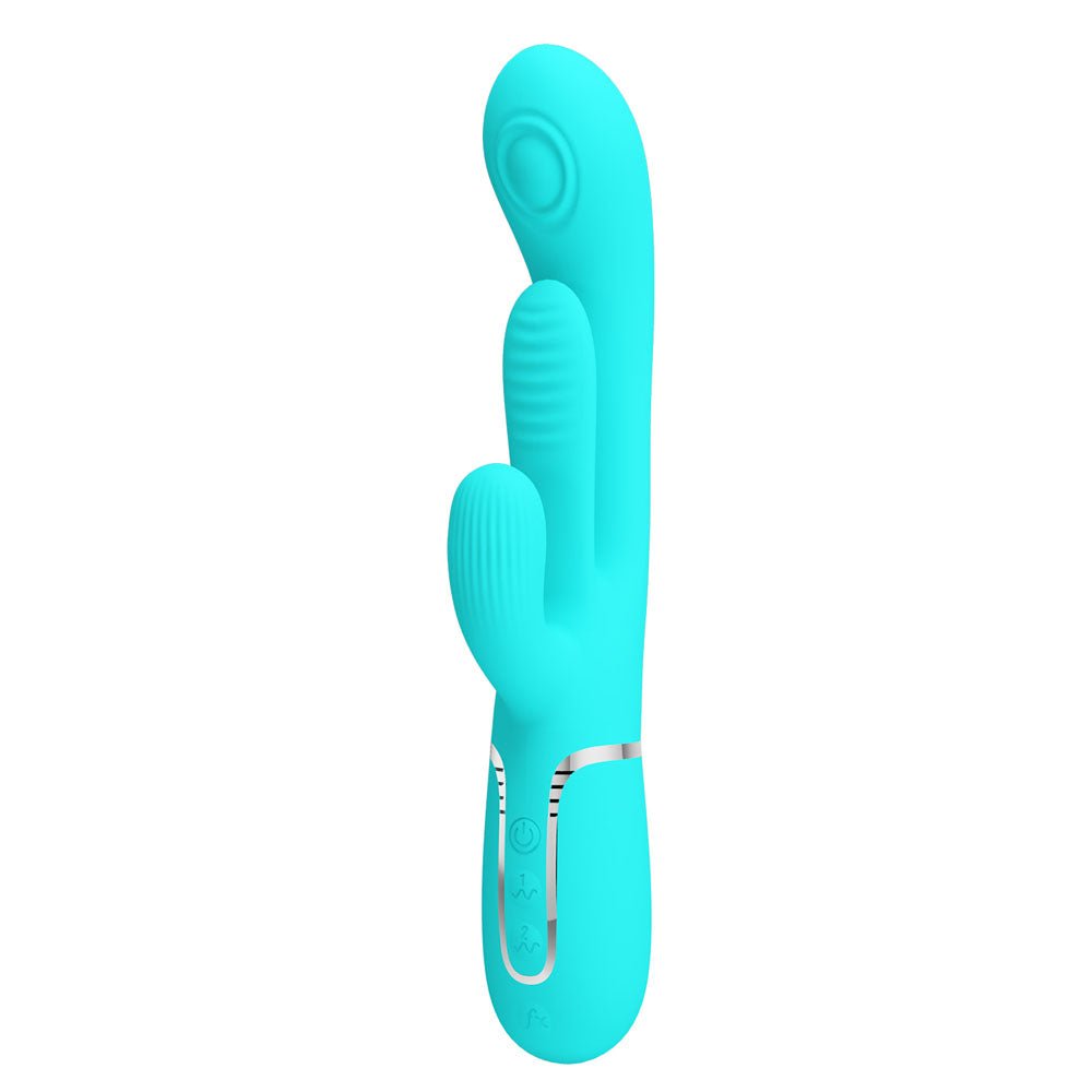 Party Up ANDY Multi Function Vibrator - Teal - Teal 22.2 cm USB Rechargeable Rabbit Vibrator with Flicking and Thumping Tip – Sex toys NZ by Naughtyhut. Discreet delivery nationwide.
