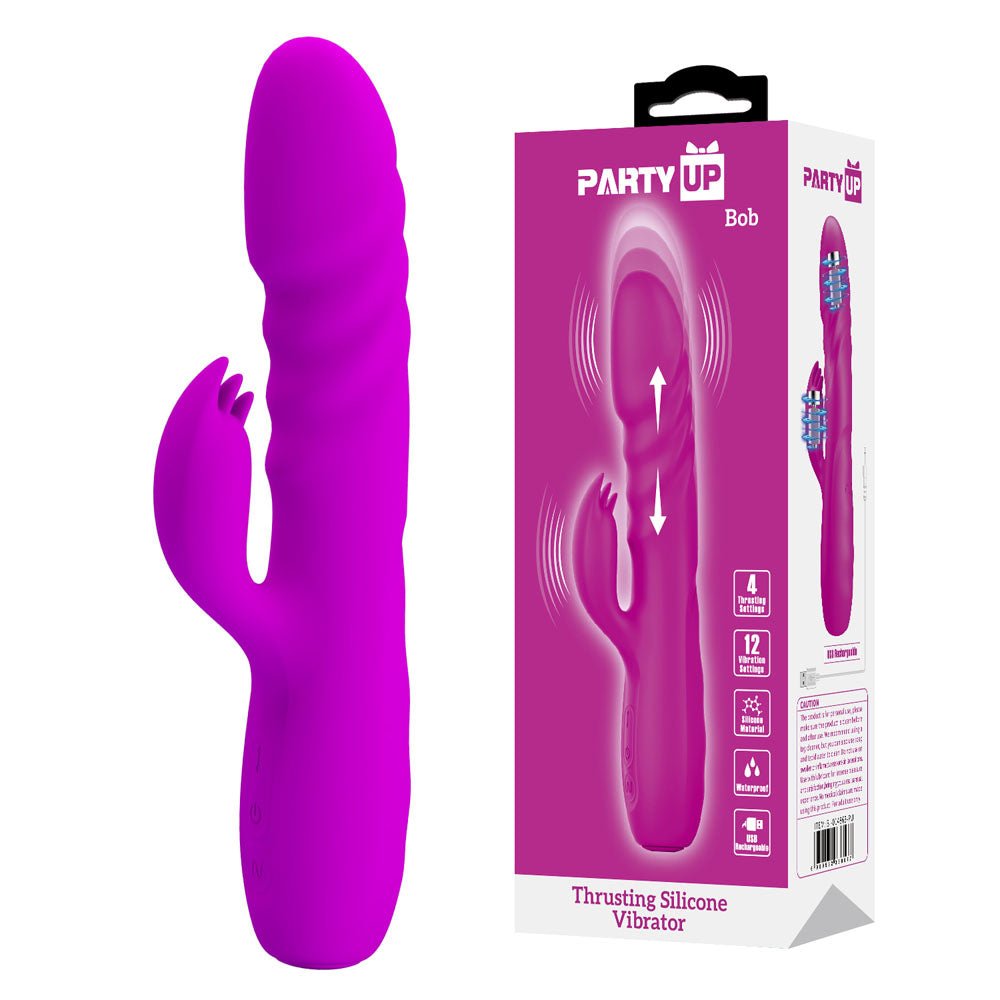 Party Up BOB Thrusting Vibe - Purple - Purple 25 cm USB Rechargeable Thrusting Rabbit Vibrator – Sex toys NZ by Naughtyhut. Discreet delivery nationwide.