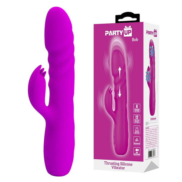 Party Up Bob Thrusting Rabbit Vibrator in Purple beside its magenta retail box