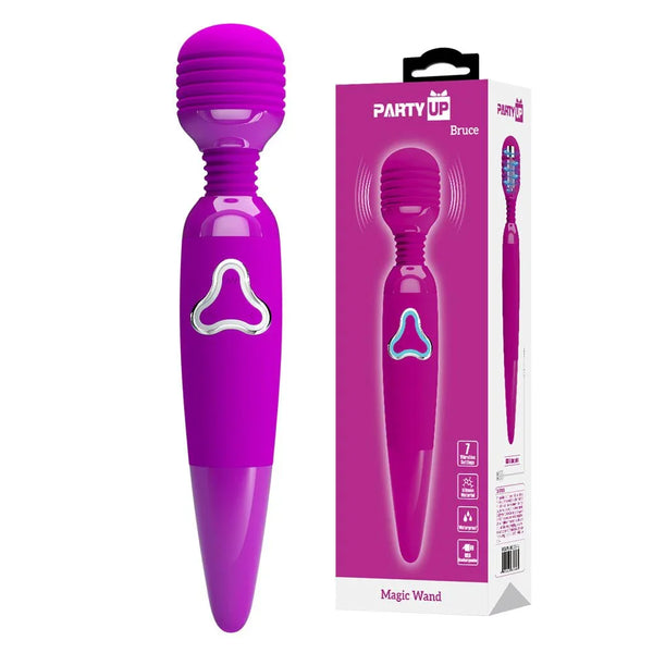 Party Up Bruce Massage Wand, purple wand with a trefoil button, beside its magenta box