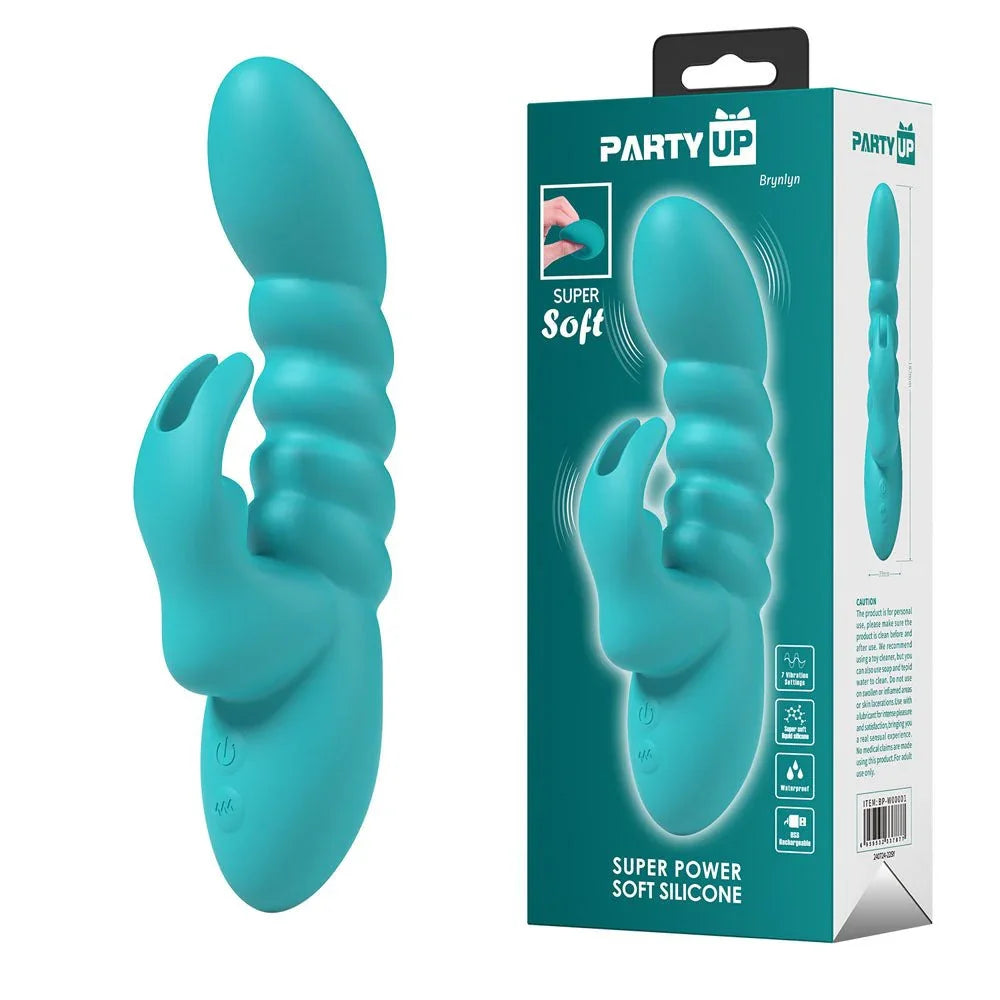 Party Up Brynlyn Rabbit Vibrator in Teal standing beside its teal retail box