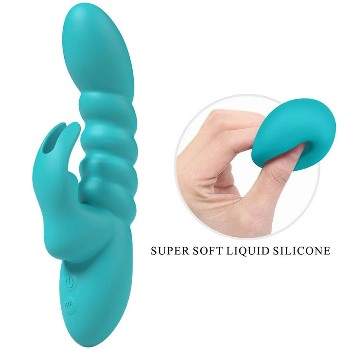 Party Up Brynlyn in Teal with an inset of a hand pinching the soft liquid silicone