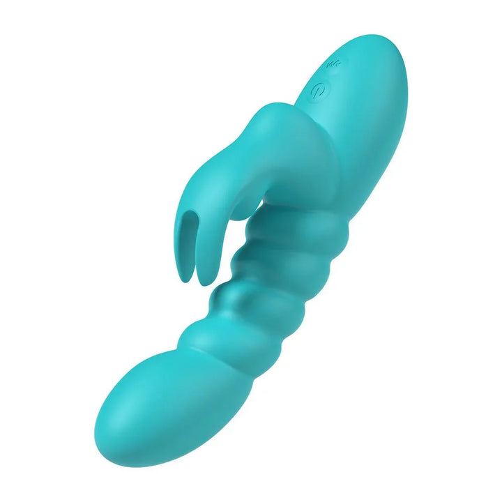 Party Up Brynlyn Rabbit Vibrator in Teal lying diagonally, full length across the frame
