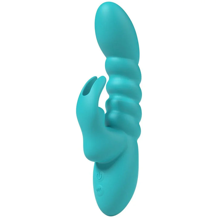 Party Up Brynlyn Rabbit Vibrator in Teal upright, ridged shaft and clitoral arm in profile