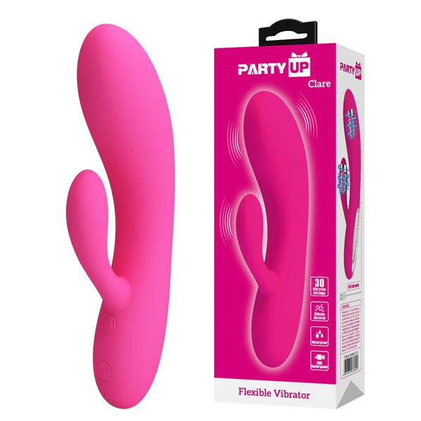 Party Up Clare Flexible Rabbit Vibrator in Pink beside its pink retail box