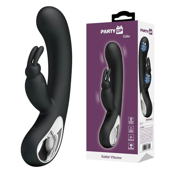 Party Up Colin Rabbit Vibrator in Black beside its dark purple retail box