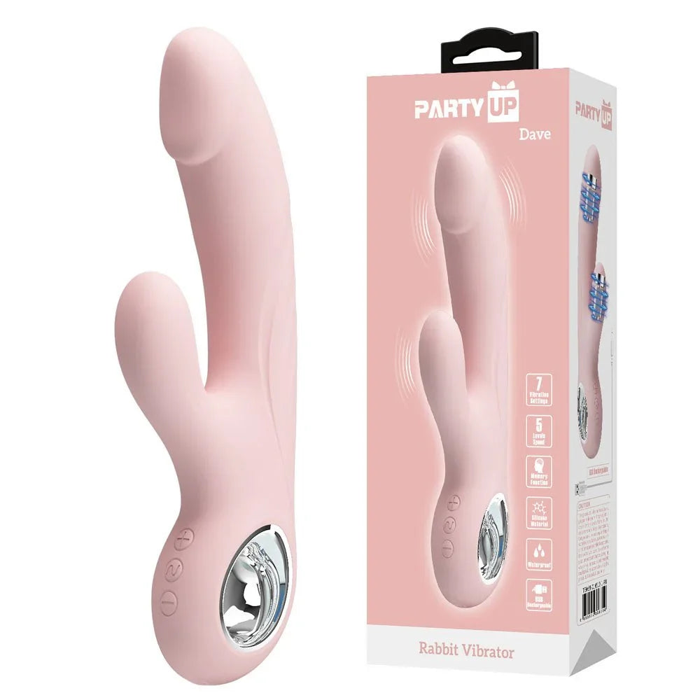Party Up Dave Rabbit Vibrator in Pink beside its blush pink retail box