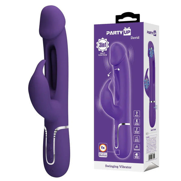 Party Up David Rabbit Vibrator with Flicking Arm in Purple beside its purple box