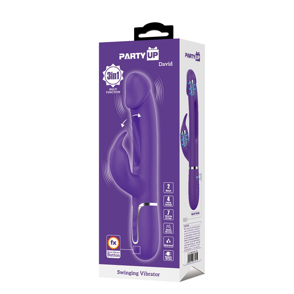 Party Up DAVID Swinging Vibe - Purple - Purple 23.2 cm USB Rechargeable Rabbit Vibrator with Flicking Arm – Sex toys NZ by Naughtyhut. Discreet delivery nationwide.