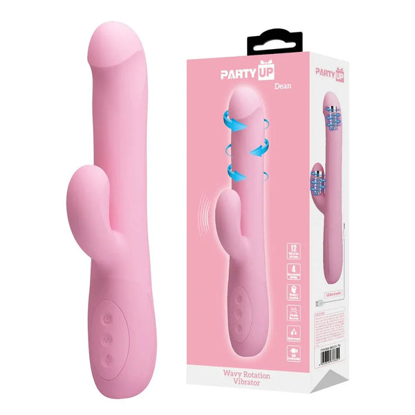 Party Up Dean Wavy Rotating Rabbit Vibrator in Pink beside its pale pink retail box