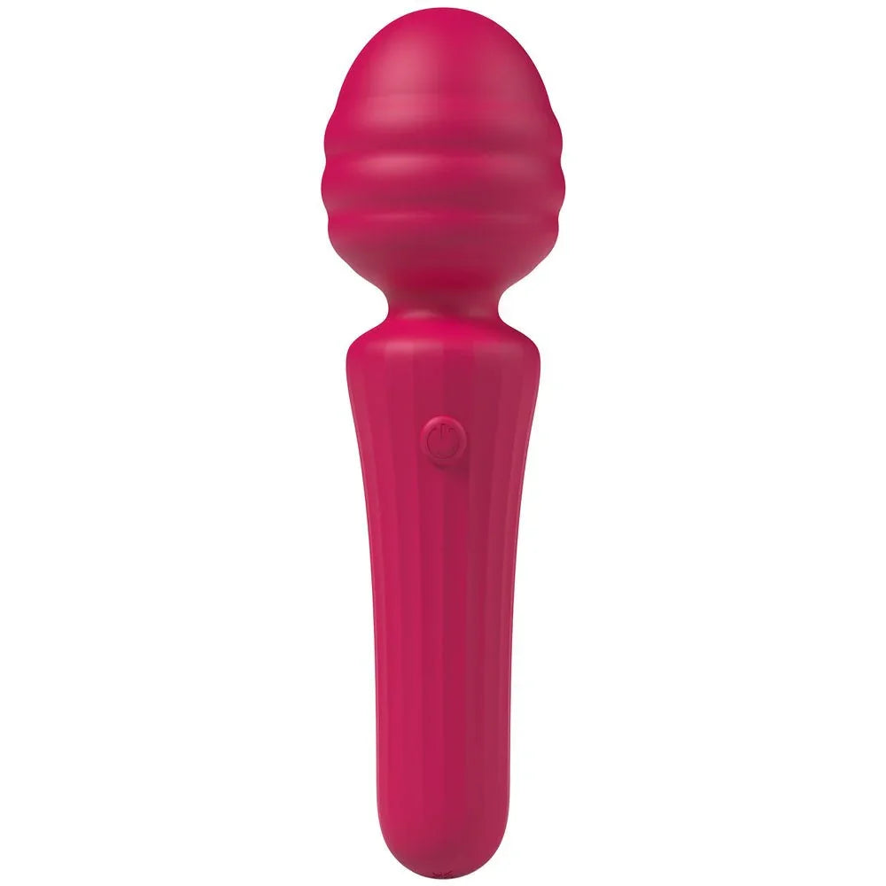 Party Up Duuna Massage Wand in Pink upright, ribbed head above the tapered handle