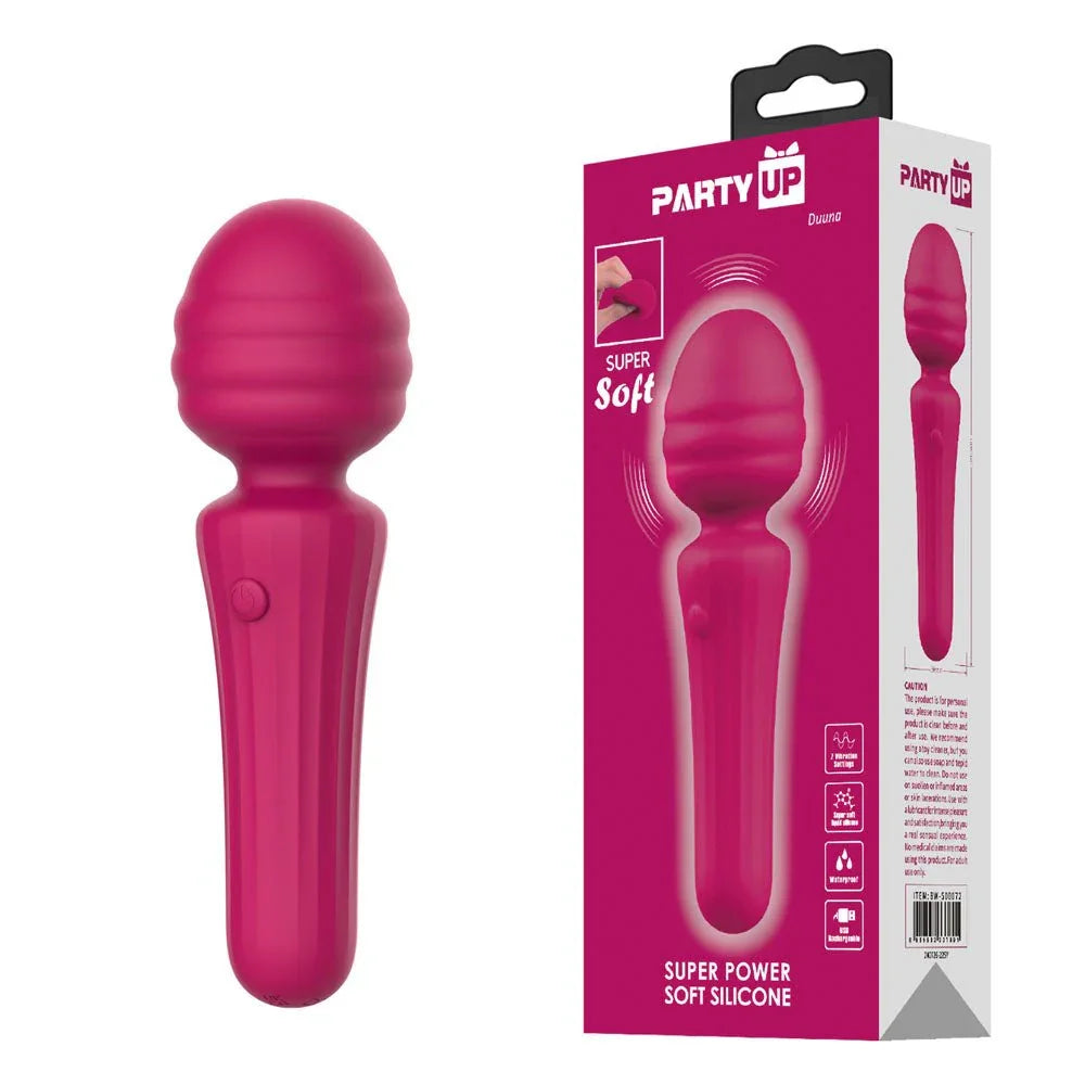 Party Up Duuna Massage Wand in Pink standing beside its pink retail box