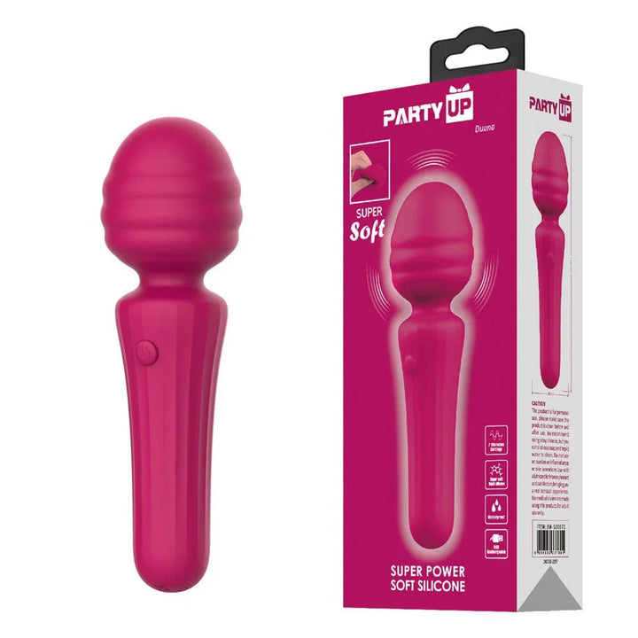 Party Up Duuna Massage Wand in Pink standing beside its pink retail box