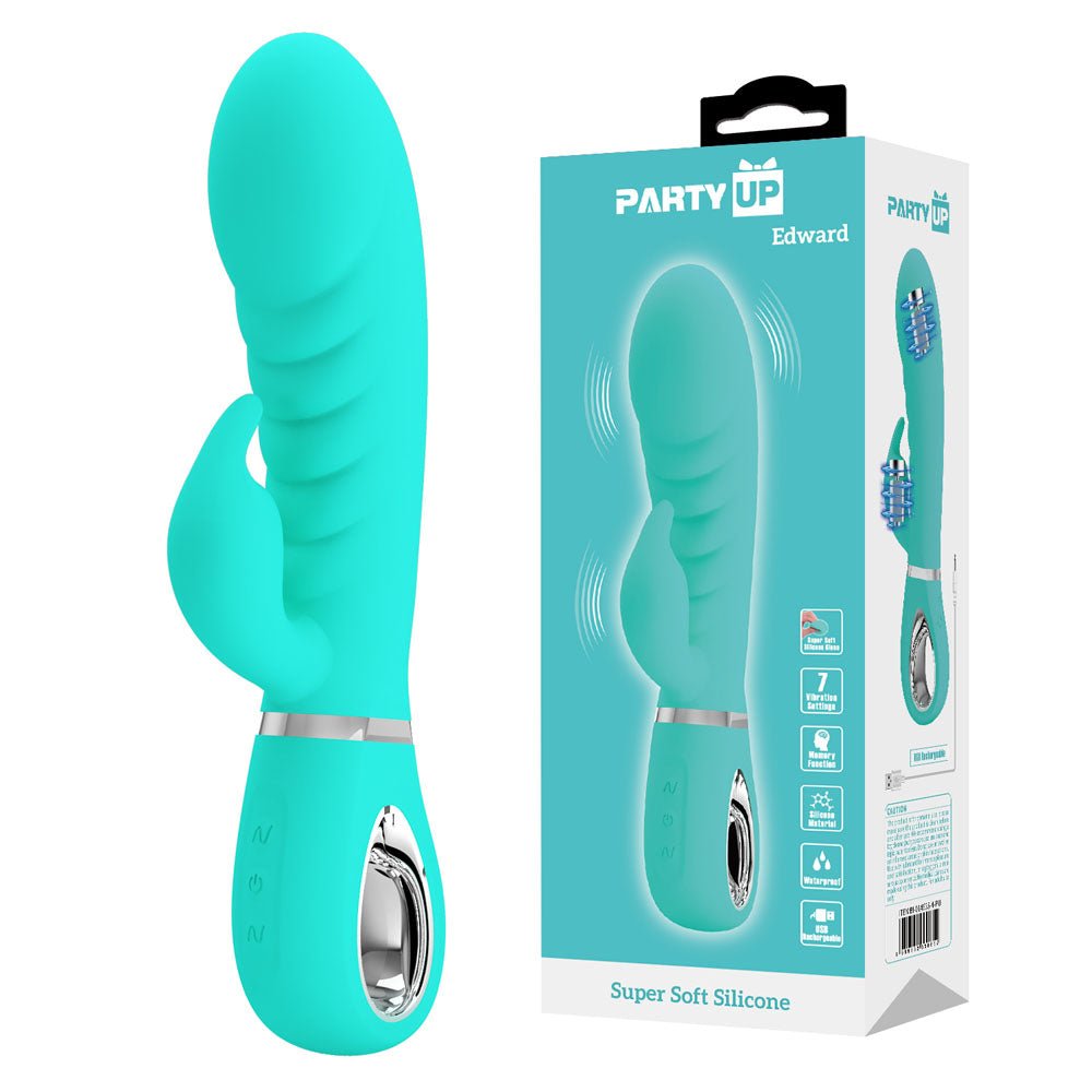 Buy Party Up EDWARD Rabbit Vibe - Teal - Teal 20 cm USB Rechargeable Rabbit Vibrator – Naughtyhut NZ sex toys online. Discreet delivery & top brands.
