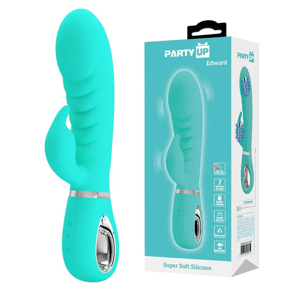 Party Up Edward Rabbit Vibrator in Teal beside its teal retail box