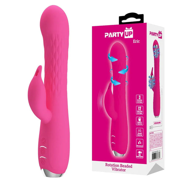 Party Up Eric Rotating Beads Rabbit Vibrator in Pink beside its magenta retail box