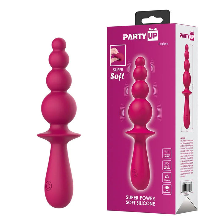 Party Up Evajane Beaded Vibrator in Pink standing beside its pink retail box