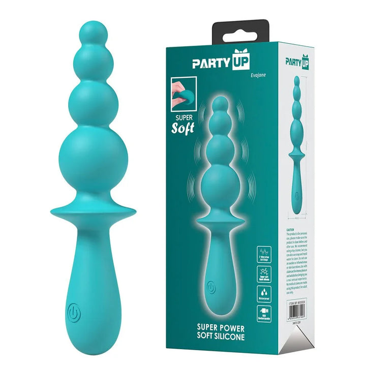 Party Up Evajane Beaded Vibrator in Teal standing beside its teal retail box