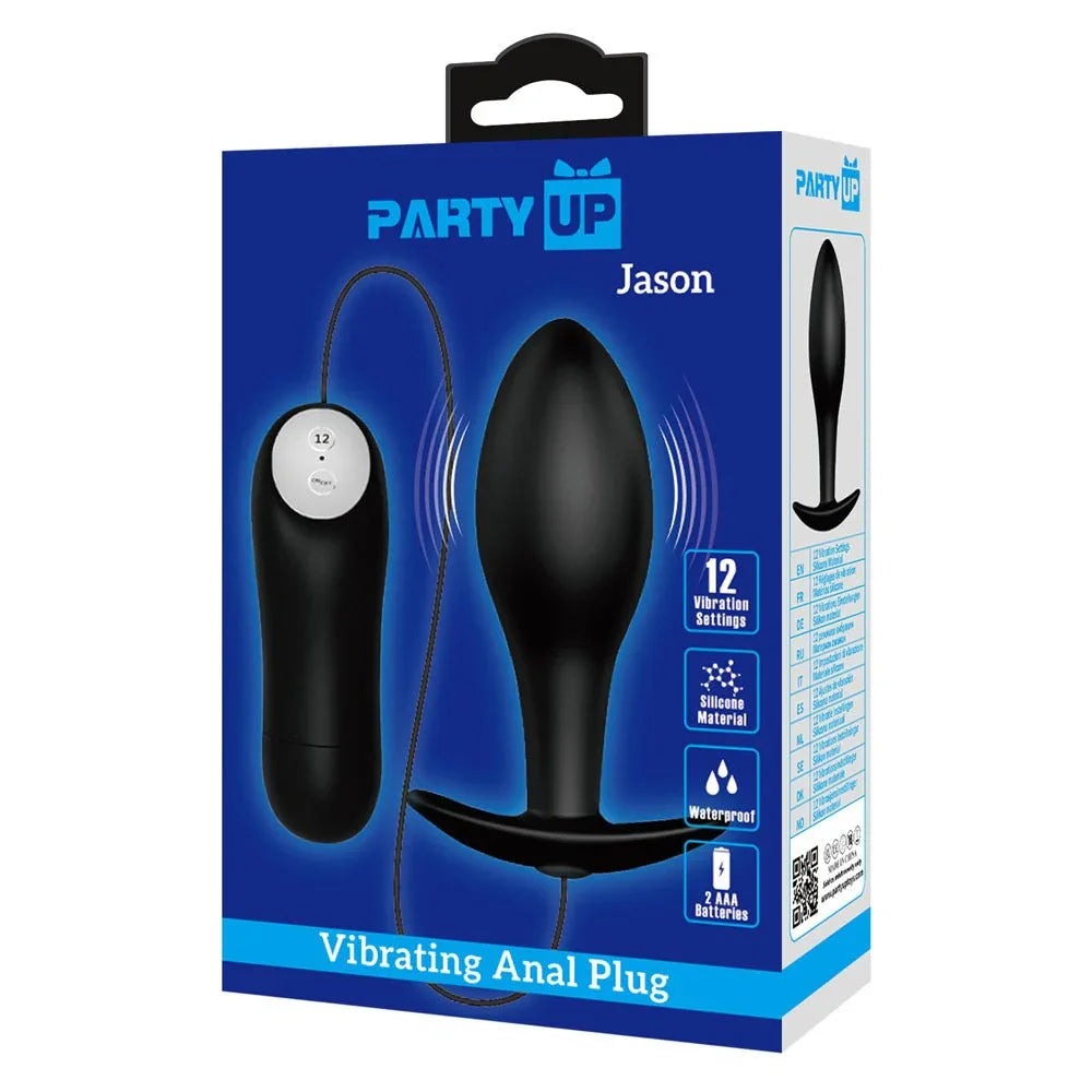 Party Up Jason Vibrating Anal Plug retail box alone, blue front panel