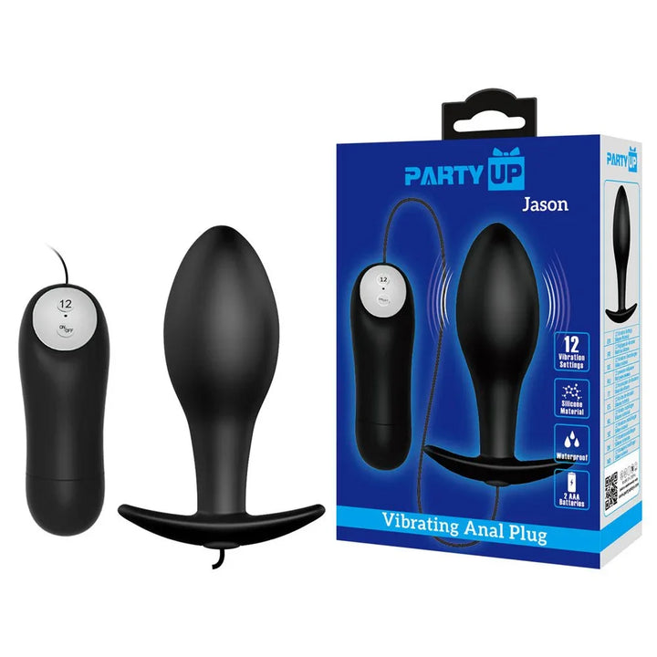 Party Up Jason Vibrating Anal Plug in Black with its wired bullet remote and blue box