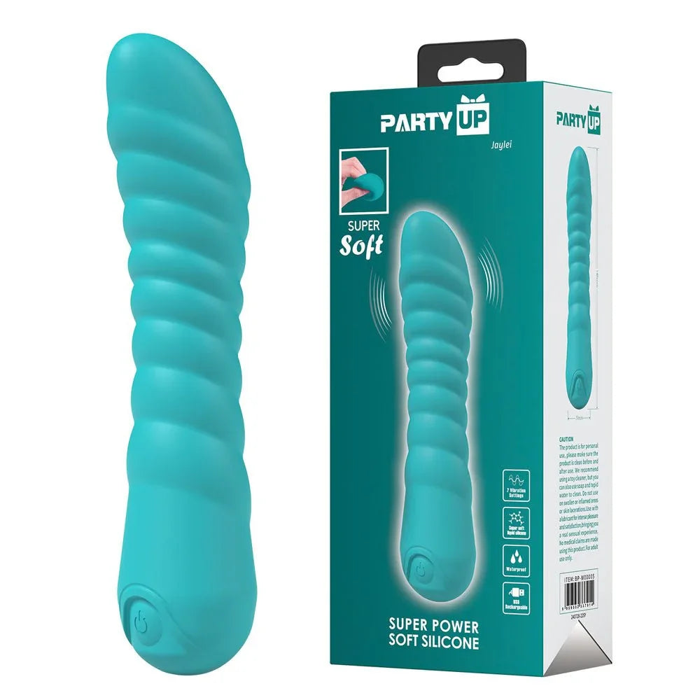 Party Up Jaylei Vibrator in Teal standing beside its teal retail box