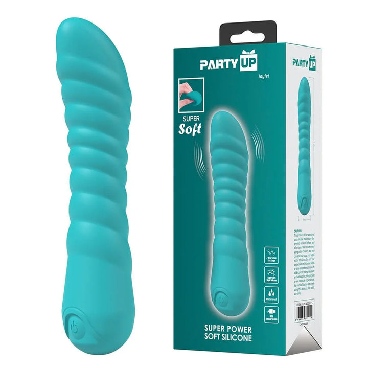 Party Up Jaylei Vibrator in Teal standing beside its teal retail box