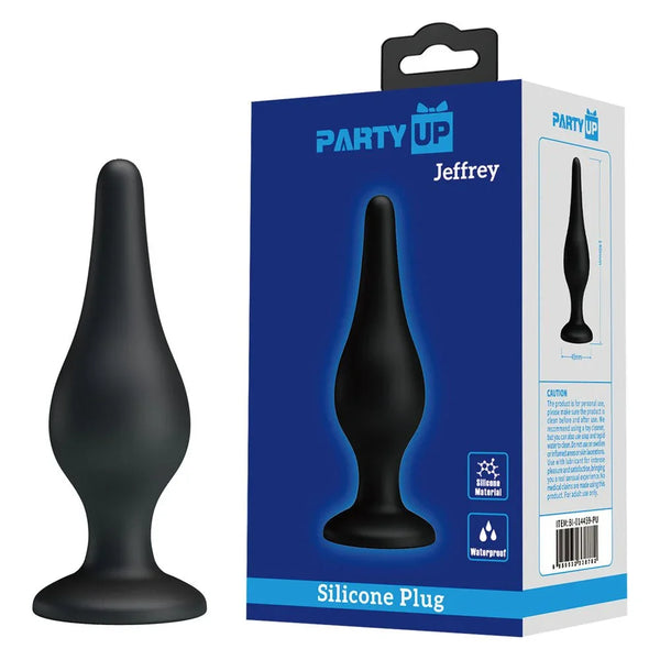 Party Up Jeffrey Butt Plug in Black, tall tapered plug beside its blue retail box