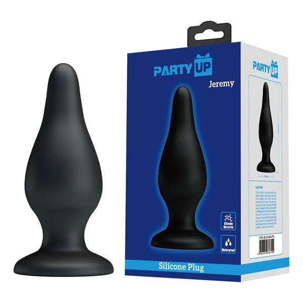 Party Up Jeremy Butt Plug in Black, ridged tapered plug beside its blue retail box