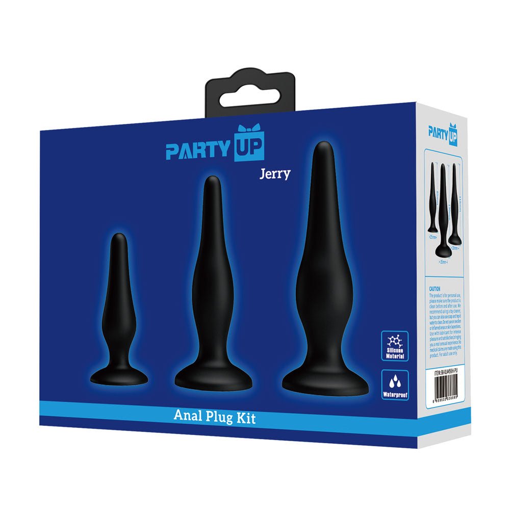 Buy Party Up JERRY Butt Plug Set - Black Butt Plugs - Set of 3 Sizes – Naughtyhut NZ sex toys online. Discreet delivery & top brands.